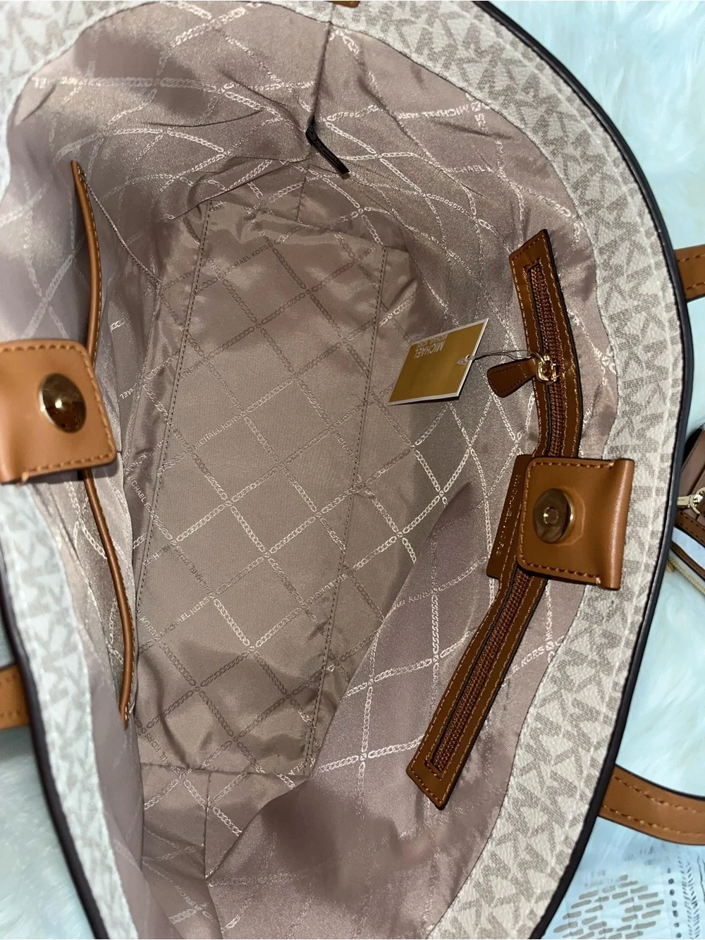 Michael Kors Beige MK Monogram Tote with Brown Trim and Straps